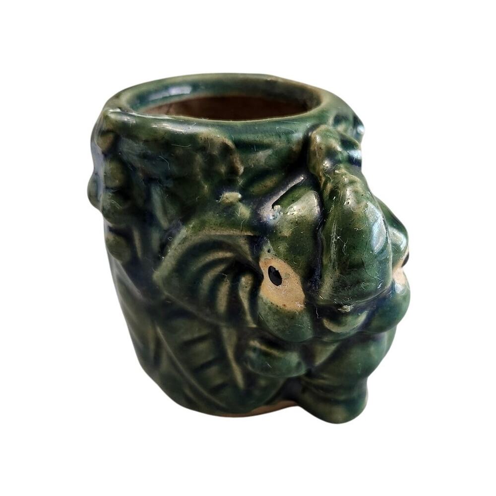 Vintage Pottery Glazed Green Bamboo Elephant Planter Jar